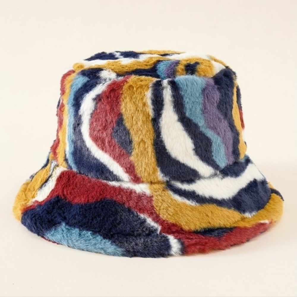 New Retro Blue & Rust Swirl Plush Fur Bucket Hat